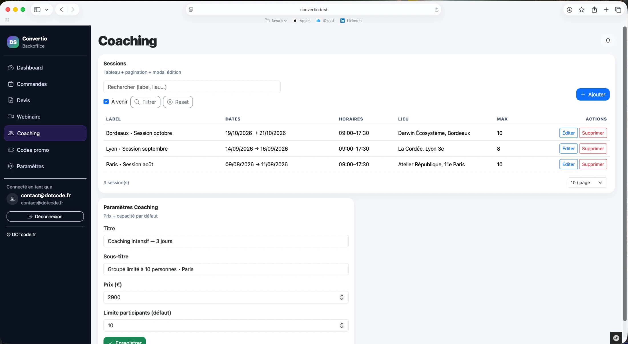 Gestion des coachings Convertio