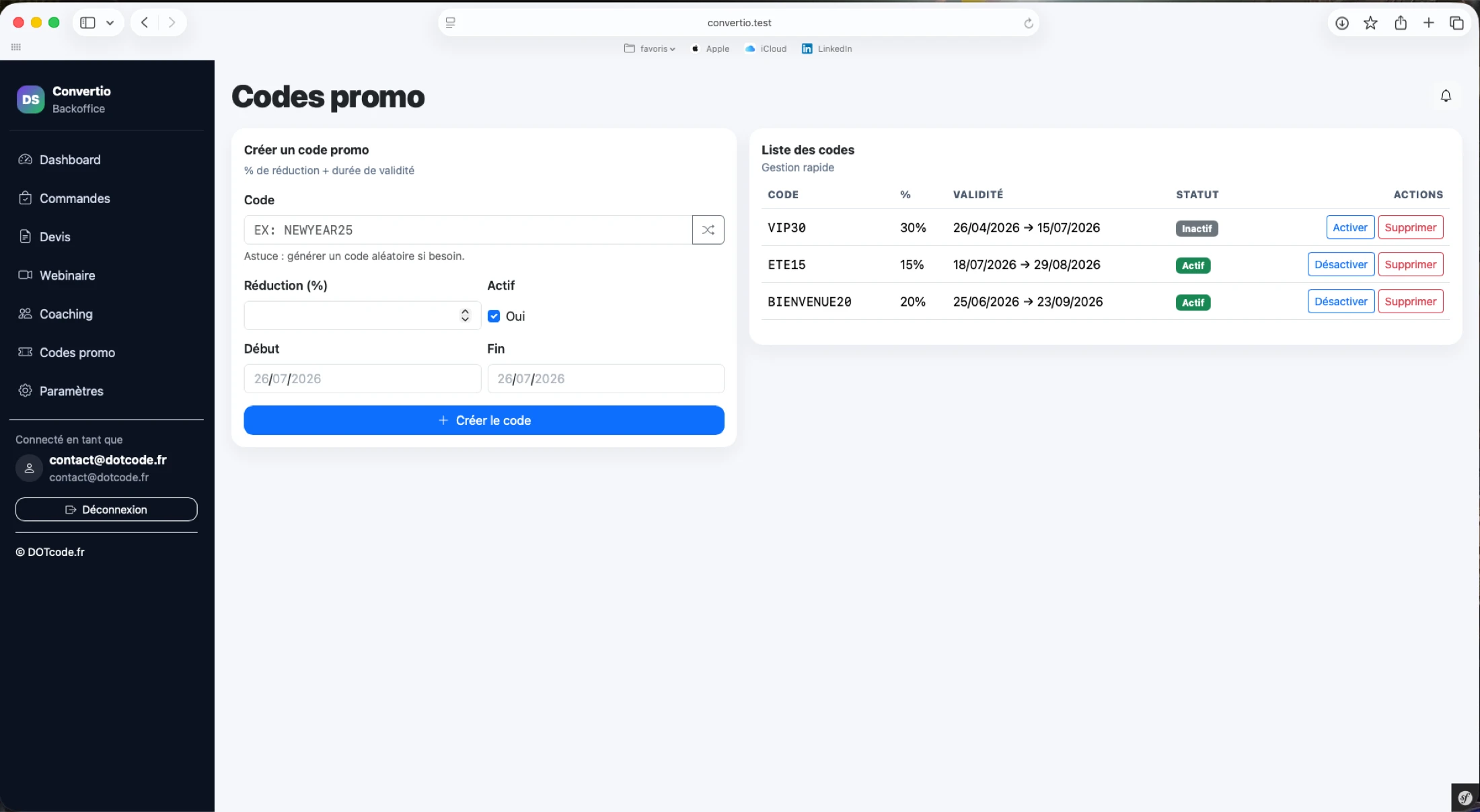 Gestion des codes promotionnels Convertio