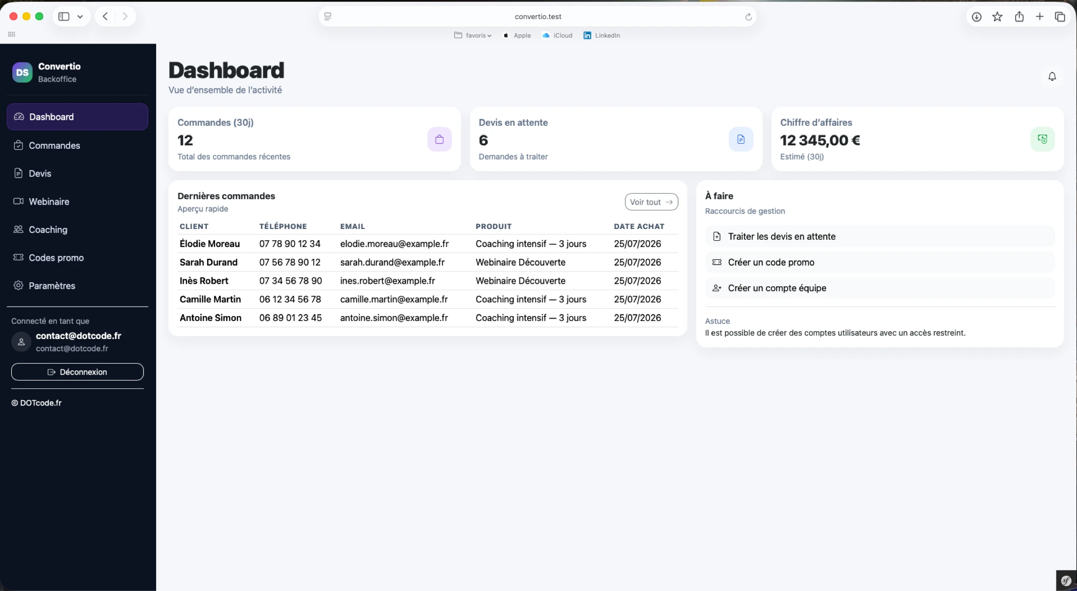 Dashboard commercial Convertio
