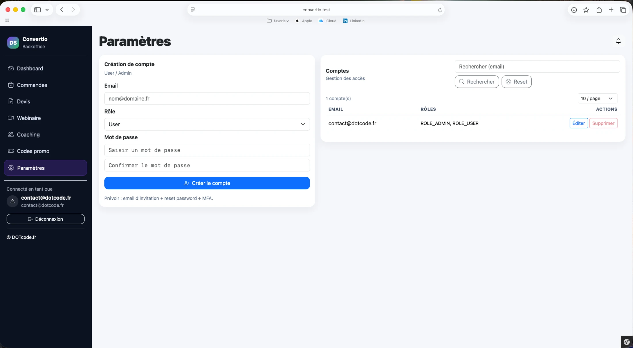 Gestion des comptes et droits Convertio