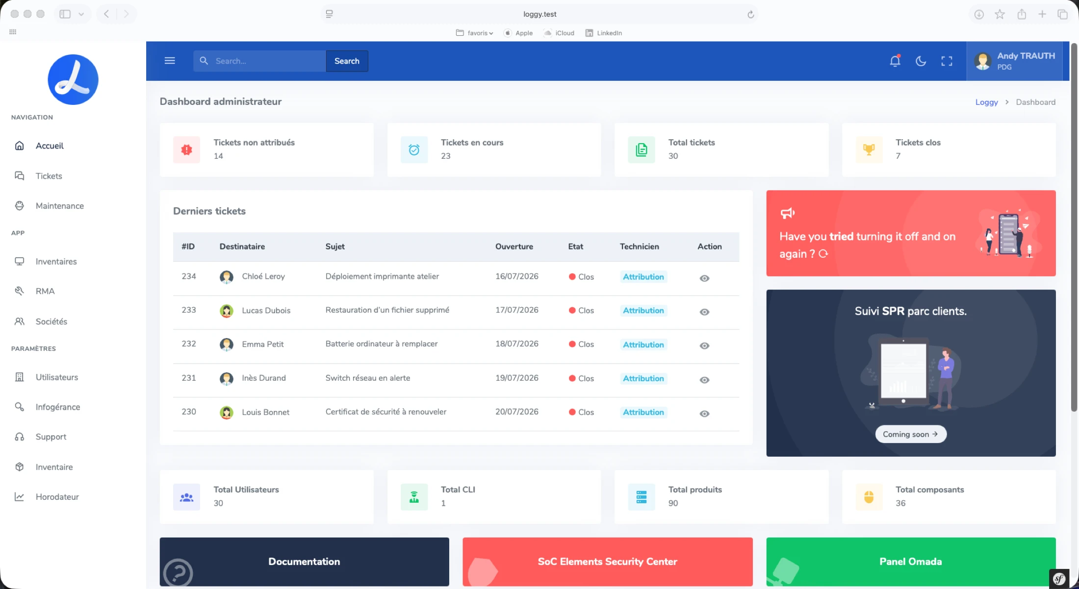 Dashboard administrateur Loggy