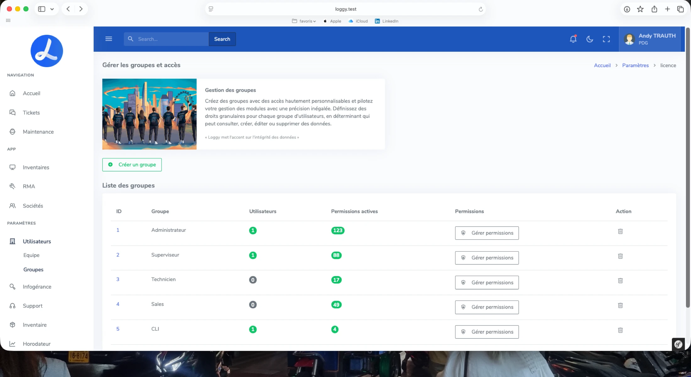 Gestion des groupes et permissions Loggy