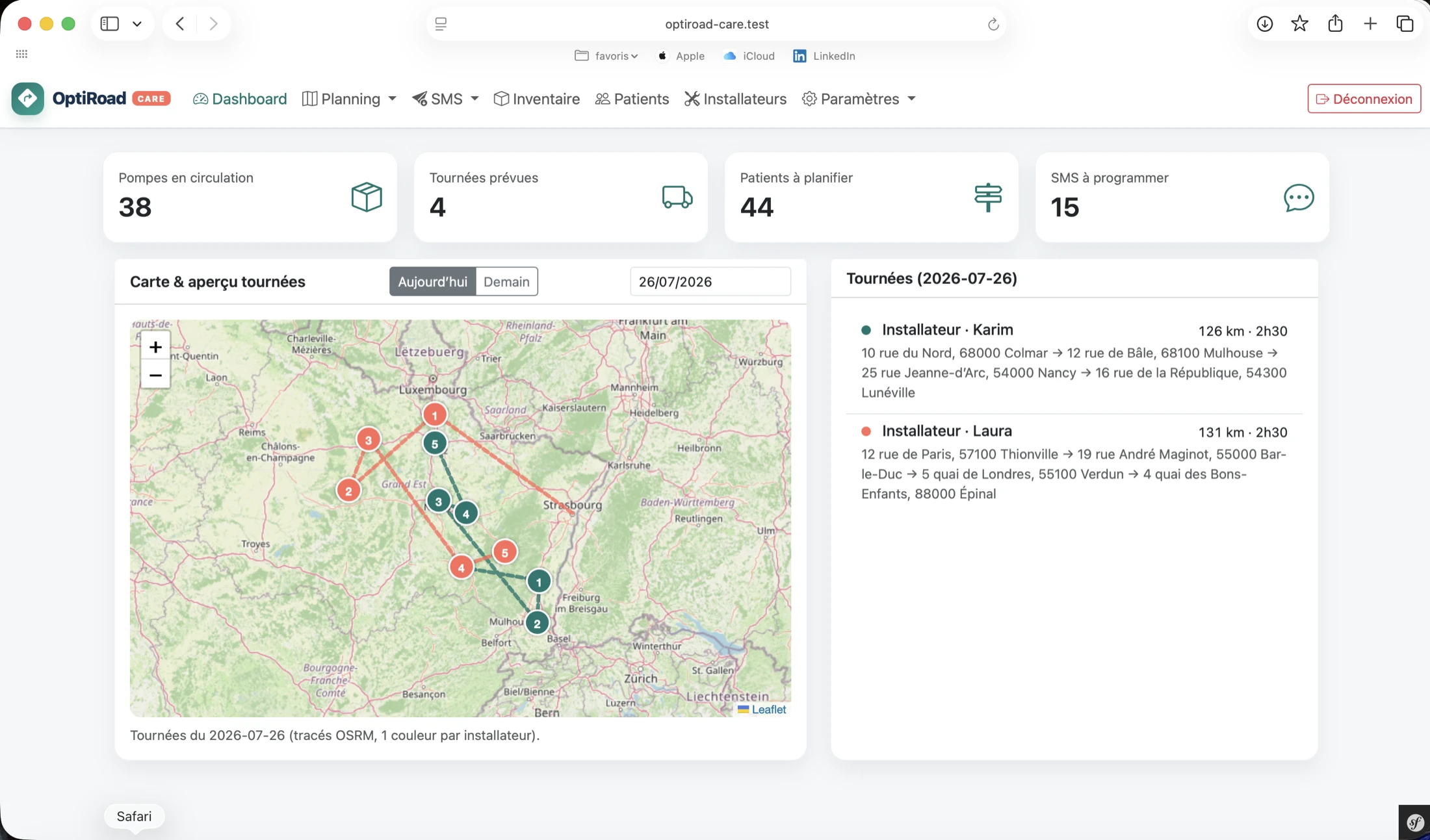 Dashboard OptiRoad Care et tournées OSRM