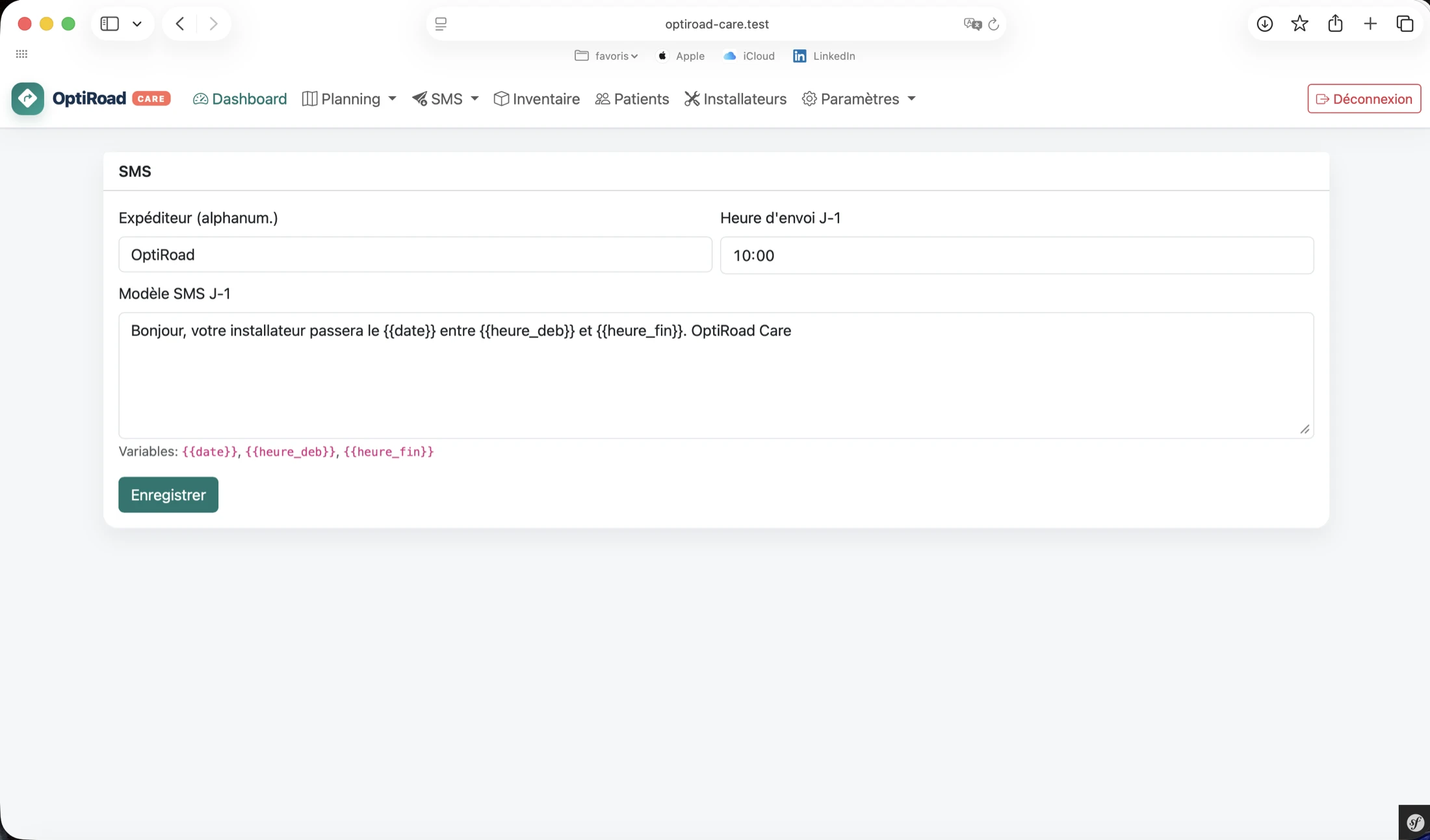 Configuration des SMS OptiRoad Care